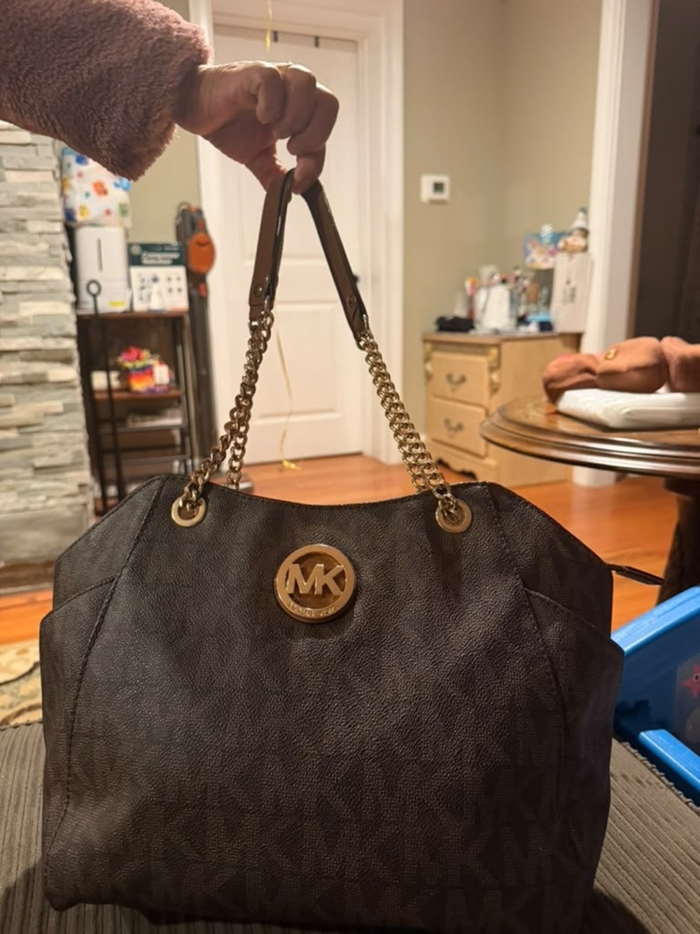 Michael Kors Dark Brown Logo-Print Chain Tote